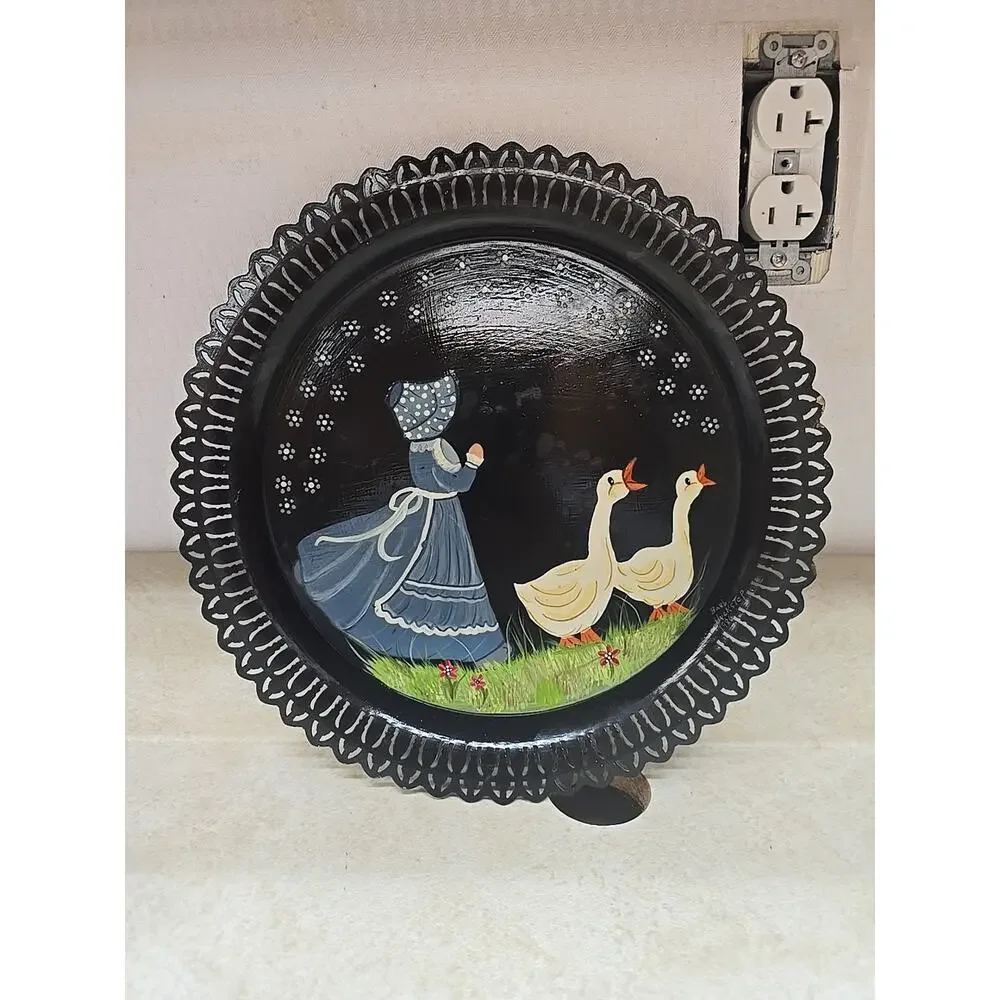 Vtg Hand Painted Tole Metal Tray Lace Edge Folk Art Sunbonnet Girl Geese 1986